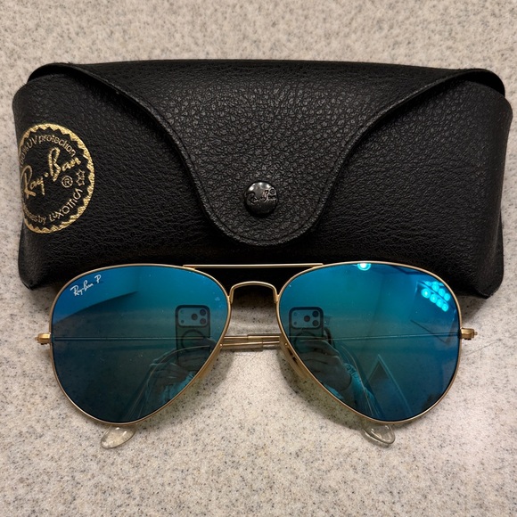 Ray-Ban Gold Aviator Sunglasses with Blue Lenses main image 5